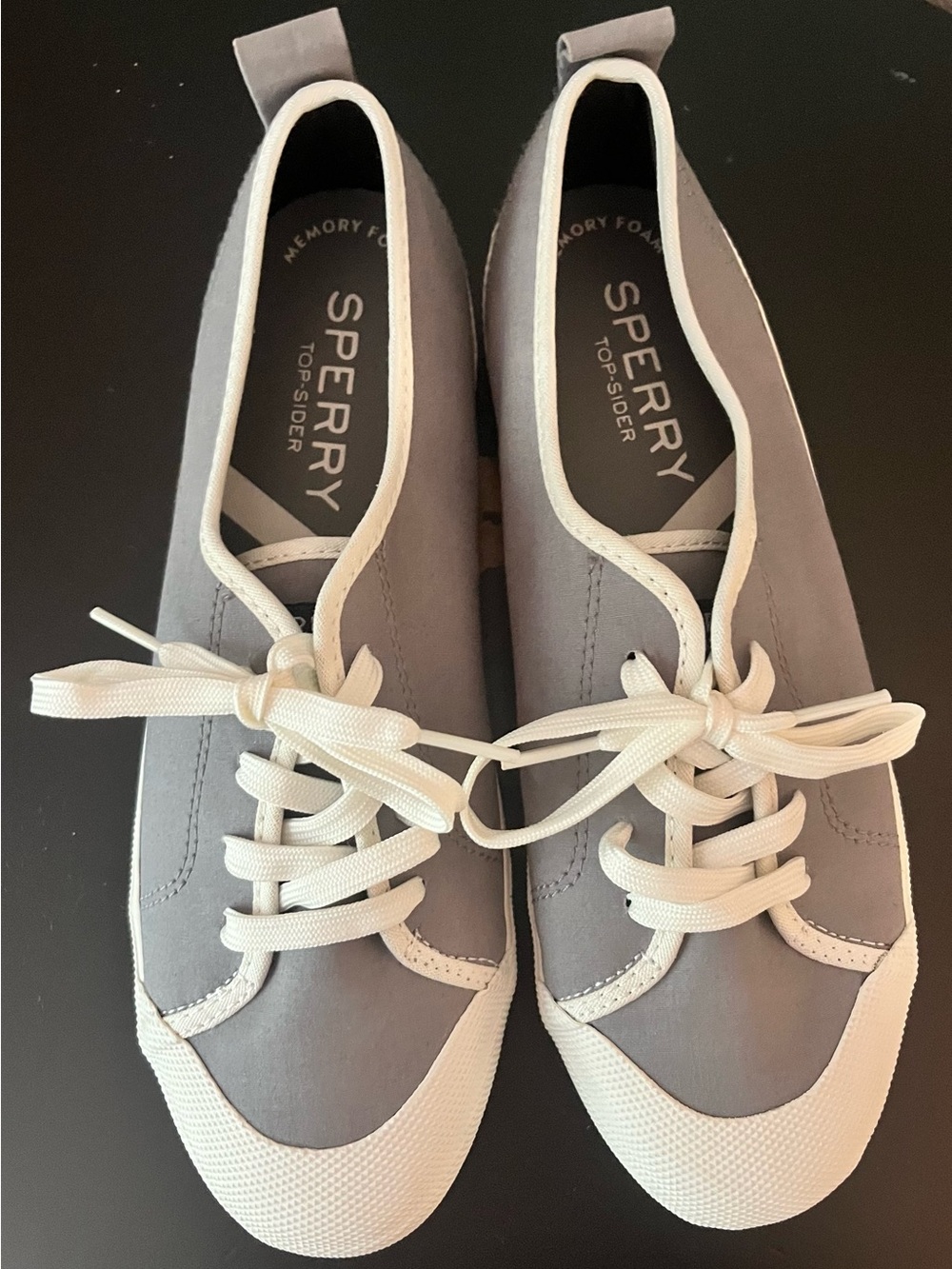 Sperry Women's Light Gray Canvas Lace-Up Sneakers with White Trim